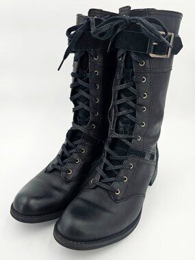 Timberland Black Leather Calf Combat Lace Zip Up Boots 8543R Women's Size 9.5